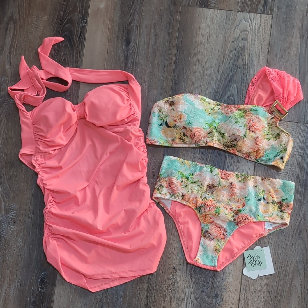 Nicolita Coral, Hot Pink, And Blue Swimsuit With Lace Accents